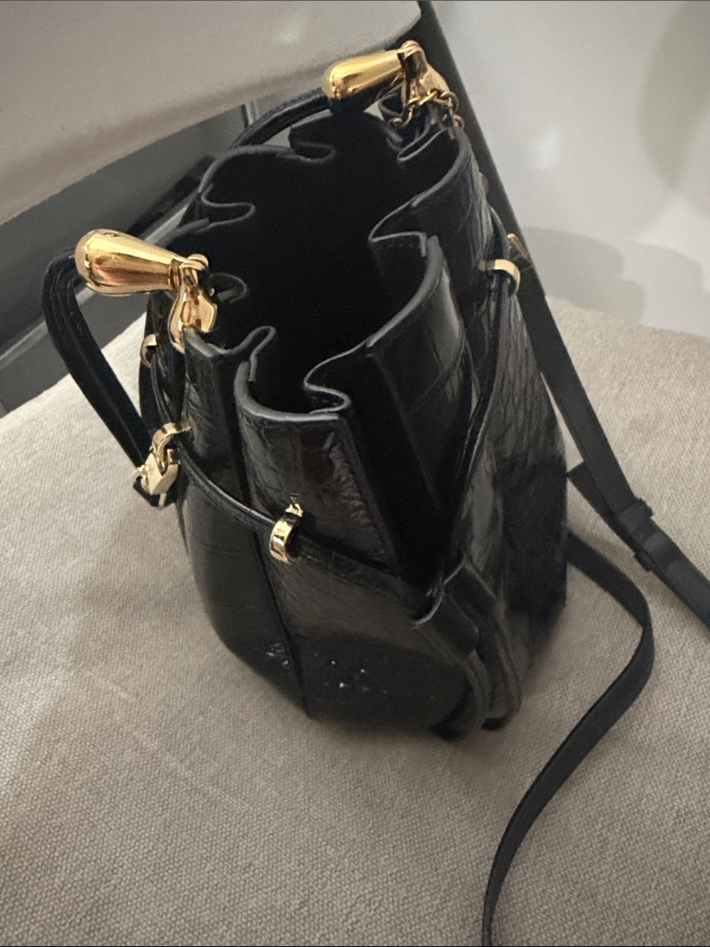 Salvatore Ferragamo Black Croc-Embossed Mini Bucket Bag with Red bag Charm - Picture 5 of 5